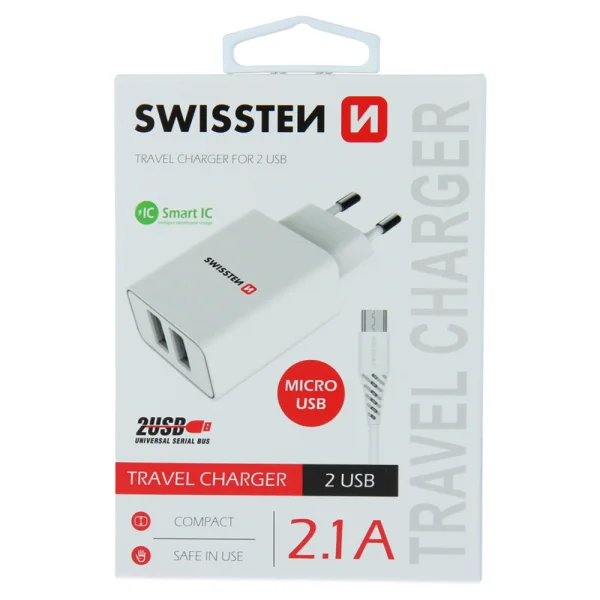 Charger Swissten SMART IC, 2x USB, 2.1A, with MICRO USB cable, 1.2m, white 2