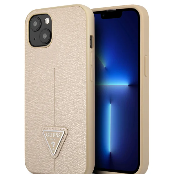 Калъф Guess SaffianoTriangle Logo за iPhone 14, бежов 2