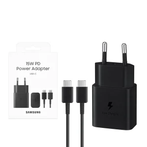 Зарядно Samsung, USB-C Travel Charger 15W, EP-T1510XBE, с кабел USB-C към USB-C, EP-DA705BBE, Черен