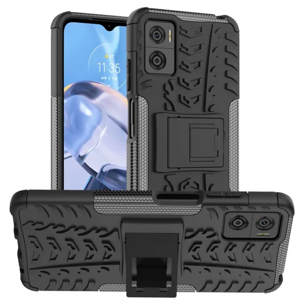 Удароустойчив Калъф с поставка Hybrid Tyre Pattern за Motorola Moto E22 4G, черен 1