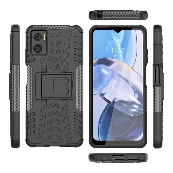 Удароустойчив Калъф с поставка Hybrid Tyre Pattern за Motorola Moto E22 4G, черен 4