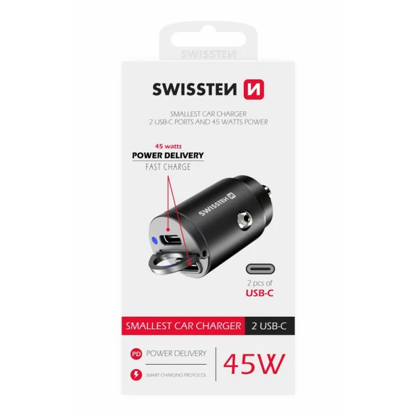 Car charger SWISSTEN, PD, 45W, 2xUSB-C, 12V-24V, Nano, Black 3