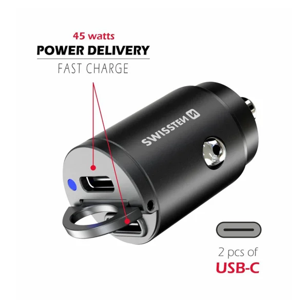 Car charger SWISSTEN, PD, 45W, 2xUSB-C, 12V-24V, Nano, Black 2