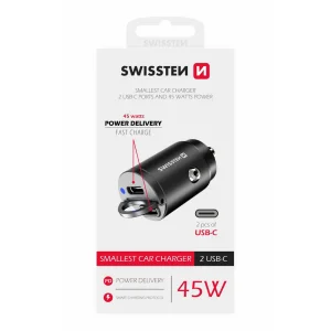 Car charger SWISSTEN, PD, 45W, 2xUSB-C, 12V-24V, Nano, Black 3