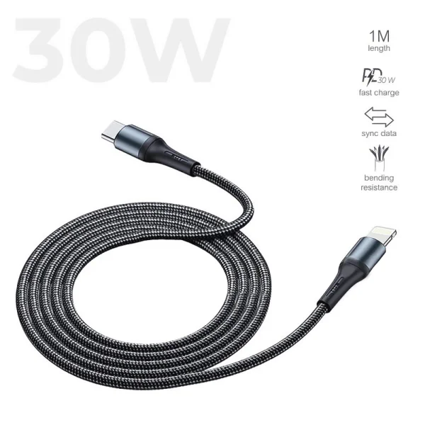 Cable PRESTICO T10, Type C to Lightning, 30W, PD, 1m, Black 4