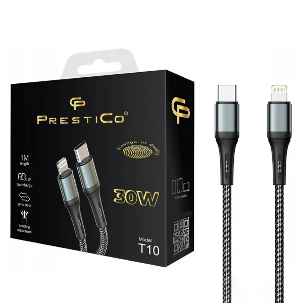 Cable PRESTICO T10, Type C to Lightning, 30W, PD, 1m, Black 1