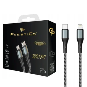 Кабел PRESTICO T10, Type C към Lightning, 30W, PD, 1m, Черен