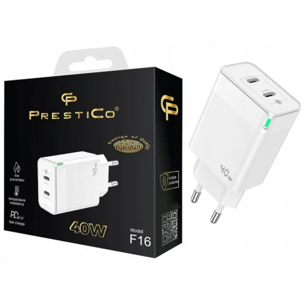 Зарядно 220V Prestico F16, 2xUSB-C, PD, 40W, Бял 2