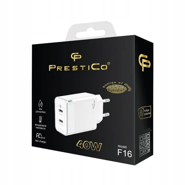 Зарядно 220V Prestico F16, 2xUSB-C, PD, 40W, Бял 5