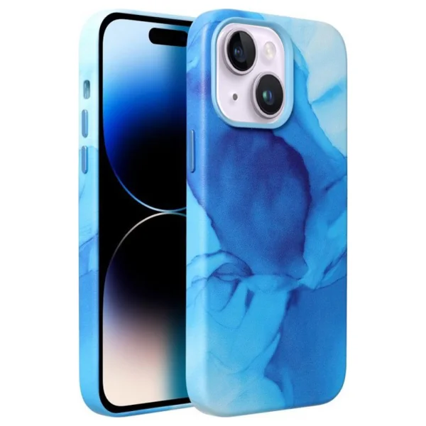 Удароустойчив калъф за iPhone 14, Mag Cover, Еко кожа, Син мрамор 1