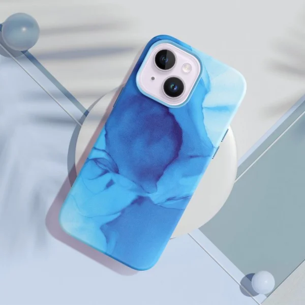 Удароустойчив калъф за iPhone 14, Mag Cover, Еко кожа, Син мрамор 2