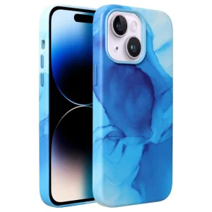 Удароустойчив калъф за iPhone 14, Mag Cover, Еко кожа, Син мрамор