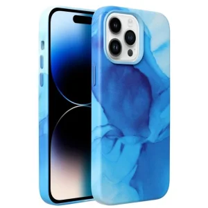 Удароустойчив калъф за iPhone 14 Pro, Mag Cover, Еко кожа, Син мрамор
