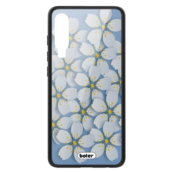 Glass Boter Plastic Back Cover for Huawei P30, White flowers 1
