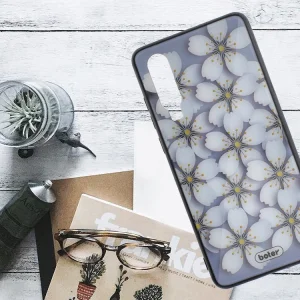 Glass Boter Plastic Back Cover for Huawei P30, White flowers 3
