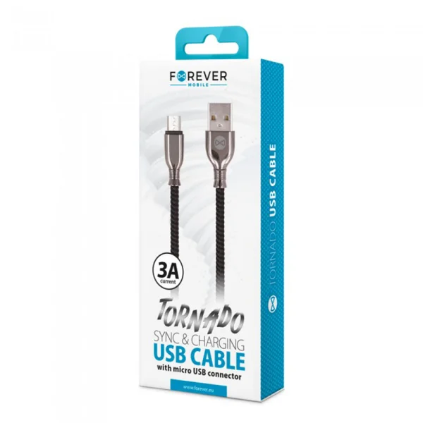 Кабел Forever Tornado USB към microUSB, 1.0 m, 3A, черен 2
