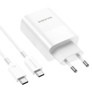 Зарядно BOROFONE Wall Charger BN10, Sunlight USB с Type C 3.0, PD, 65W с кабел, Type C към Type C, бял