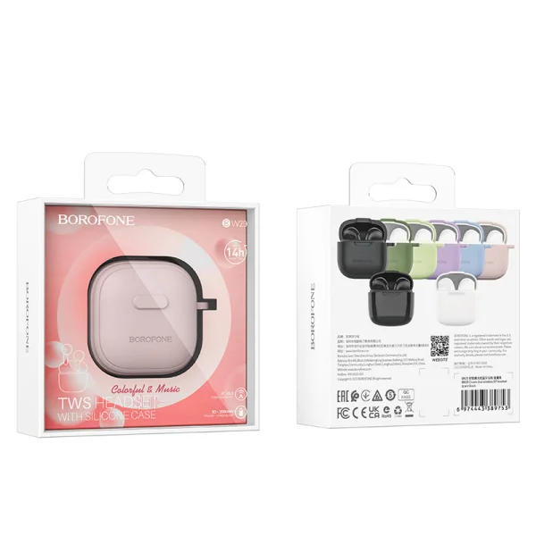 Wireless Earphones Borofone BW29 Charm, TWS, buckle, Pink case 3