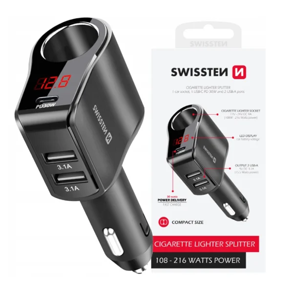 SWISSTEN Car Charger 1xCL, 1xUSB-C PD, 2x USB-A Output power 108W - 216W, 12V-24V , Black 1