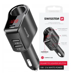 Зарядно за кола SWISSTEN 1xCL, 1xUSB-C PD, 2x USB-A Output power 108W - 216W, 12V-24V , Черен