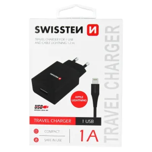 Charger Swissten SMART IC, 1x USB, 1A, with Lightning cable, 1.2 m, Black 3