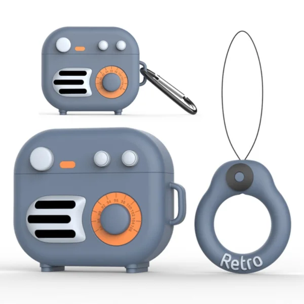 Силиконов Калъф за Airpods 3 с карабинер Retro Radio, сив 2
