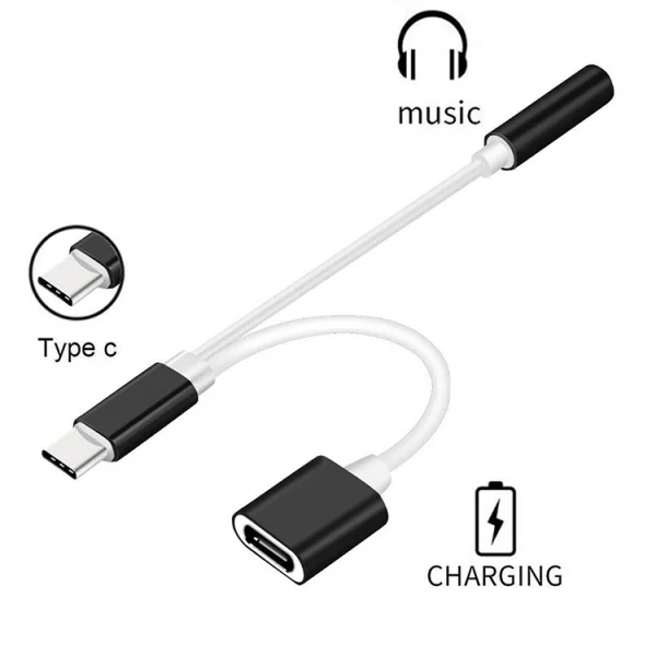 Адаптер HF/audio Type C - Jack 3,5mm + charging, Черен 2