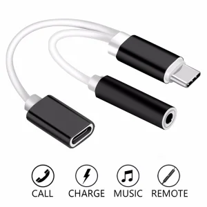 Адаптер HF/audio Type C - Jack 3,5mm + charging, Черен