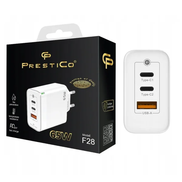 Зарядно 220V Prestico F28, 1xUSB-QC, 2xPD, 65W, бял 3