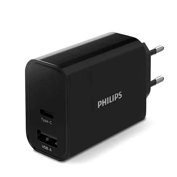 Philips DLP2621 Wall Charger, 220v, 1xUSB-A, 1xType-C, 30W, PD, Black 1