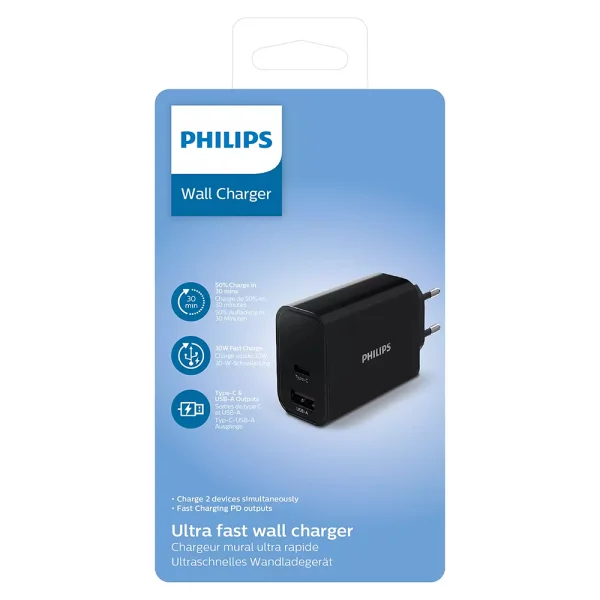 Philips DLP2621 Wall Charger, 220v, 1xUSB-A, 1xType-C, 30W, PD, Black 2