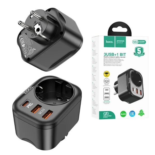 Multifunctional charger HOCO NS3, Type C, PD20W + 2xUSB QC3.0 3A, socket, Black 1