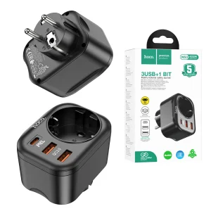 Мултифункционално зарядно HOCO NS3, Type C, PD20W + 2xUSB QC3.0 3A, контакт, Черен