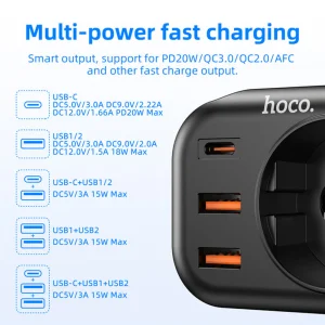 Multifunctional charger HOCO NS3, Type C, PD20W + 2xUSB QC3.0 3A, socket, Black 4