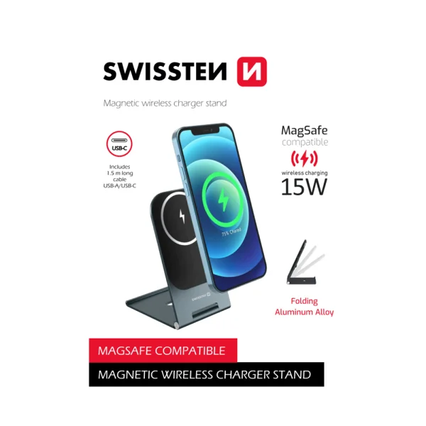 Wireless charger SWISSTEN Ultra Thin, compatible with MagSafe accessories, black 2