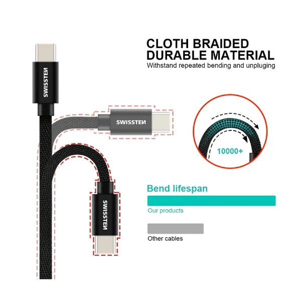 Cable SWISSTEN, USB to USB-C, 0.2 M, Textile braid, Black 2