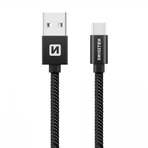 Кабел SWISSTEN, USB към USB-C, 0.2 M, Текстилна оплетка, Черен