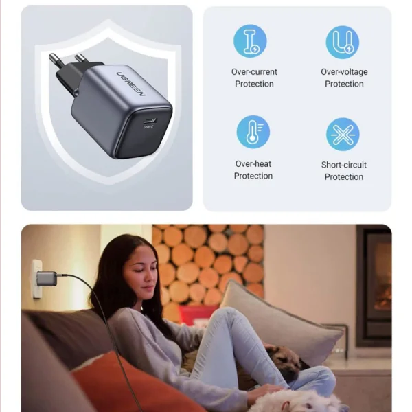 Зарядно UGREEN CD319, 220V, 1xUSB-C, GaN, 30W, PD, NEXOD, Черен 2