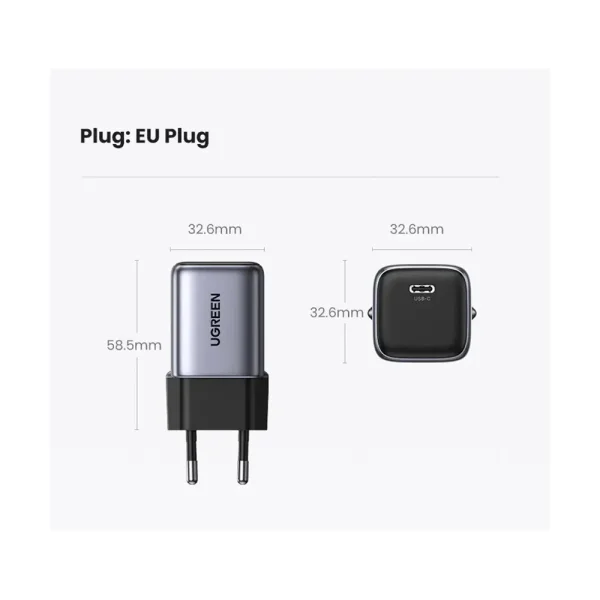 Зарядно UGREEN CD319, 220V, 1xUSB-C, GaN, 30W, PD, NEXOD, Черен 3