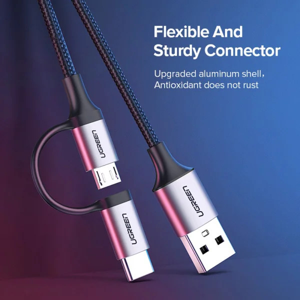 Кабел UGREEN US177, плетен, USB A към USB Micro и USB-C, 3A, 1m, Черен 5