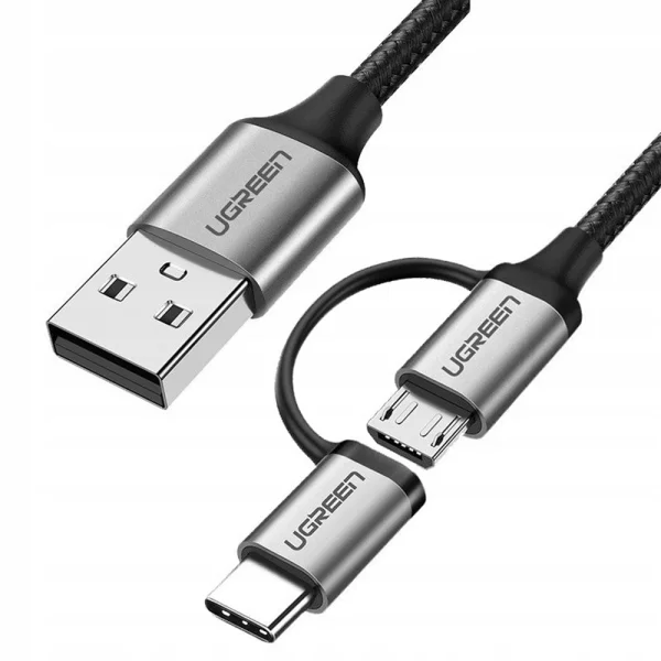 Кабел UGREEN US177, плетен, USB A към USB Micro и USB-C, 3A, 1m, Черен 1