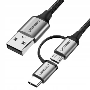 Кабел UGREEN US177, плетен, USB A към USB Micro и USB-C, 3A, 1m, Черен