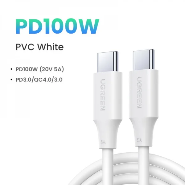Кабел UGREEN US300, USB-C към USB-C, 5A, 100W, 2m, Бял 2