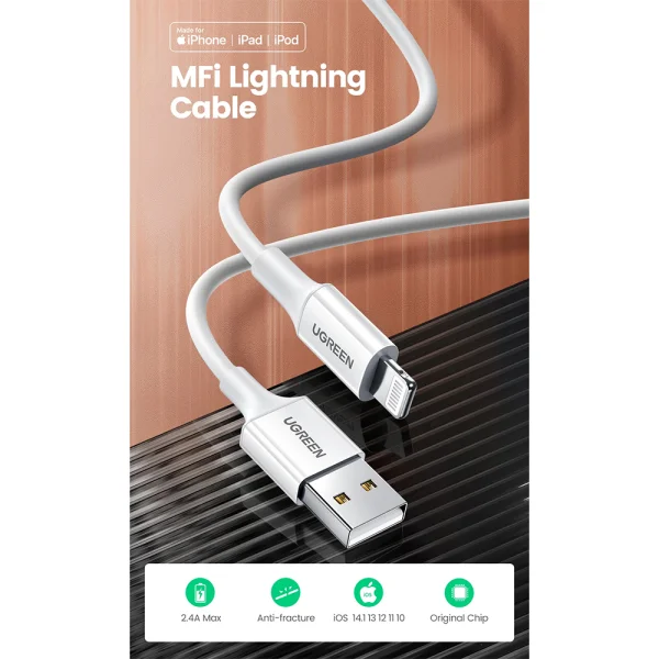 Кабел UGREEN US155, USB-A към Lightning, MFI, 1m, Бял 4