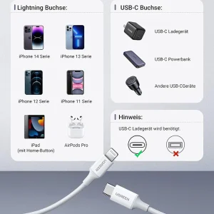 Кабел UGREEN US171, USB-C към Lightning, MFI, 1m, Бял 5