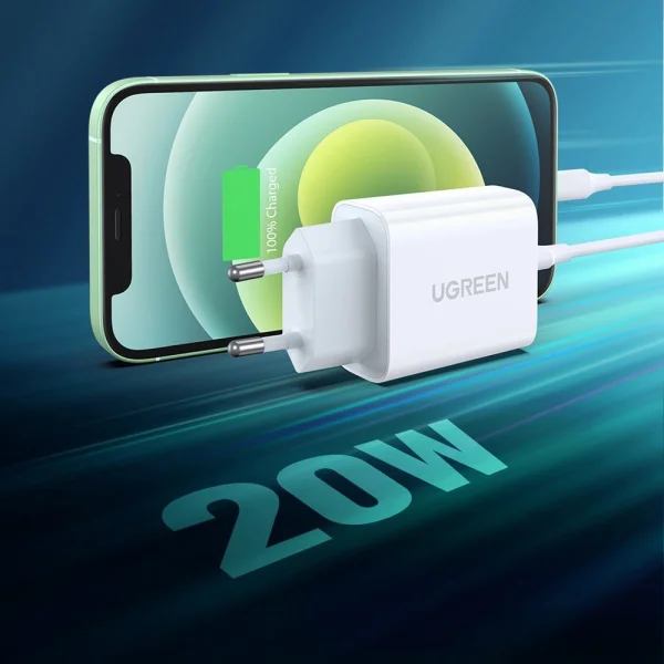 Зарядно UGREEN CD137, 220V, 1xUSB-C, 20W, PD, Бяло 5
