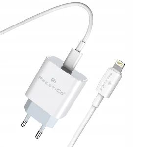 Зарядно 220V Prestico F8S L 20W, PD, с кабел USB-C към Lightning, Бял