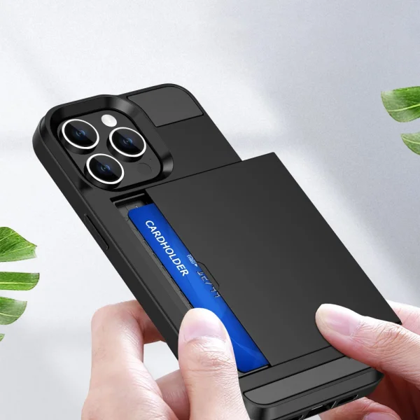 Shockproof Sliding Card Case for iPhone 15 Pro, Black 2
