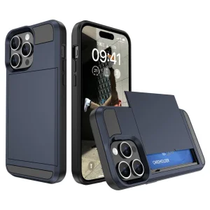 Удароустойчив калъф Sliding Card за iPhone 15 Pro, Тъмно син