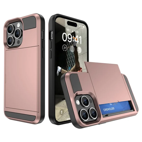 Shockproof case Sliding Card for iPhone 15 Pro, Rose-Gold 1
